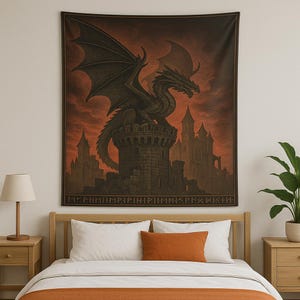 Medieval Tapestry, Large Wall Tapestry with Dragon and Castle | Gothic Home Decor | Whimsigoth Wall Art | Cottagecore Fantasy Tapestry