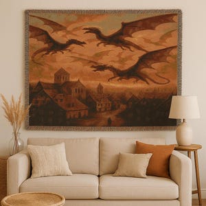 Medieval Tapestry Woven Blanket, Large Wall Tapestry with Dragons, Cottagecore & Whimsigoth Decor, Fantasy Wall Art