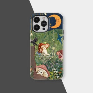 May include: A phone case with a fantasy illustration of a forest scene. The design includes mushrooms, a crescent moon, and a black cat. The case features a variety of colorful plants and small creatures, creating a magical landscape. Designed to fit a smartphone.