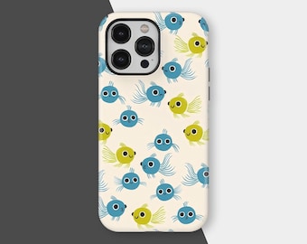Cute Goldfish Phone Case, Kawaii Blue & Green Fish Pattern, Animal Cartoon Cover for iPhone 16 15 14 13 12 11 Pro Max, Samsung S25 S24 S23