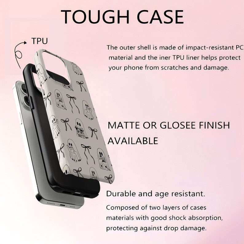 May include: A phone case with a white background and a pattern of black ghost illustrations and bows. The case is composed of two layers of materials and is described as durable and age resistant. The text "TOUGH CASE" is at the top.