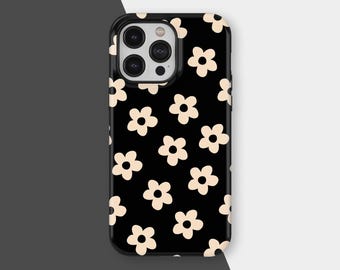 Svartvitt blommigt retro telefonskal för iPhone 16 15 14 13 12 11 Pro Max, Samsung S25 S24 S23 S22 Ultra, flickigt telefonskal unika presenter