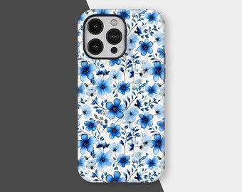 Blaue Blumen Girly Handy Hülle, Elegante Blumen Muster Handyhülle, Vintage Chic Handyhülle für iPhone 17 16 15 14 13 12 Pro Max, Samsung S25