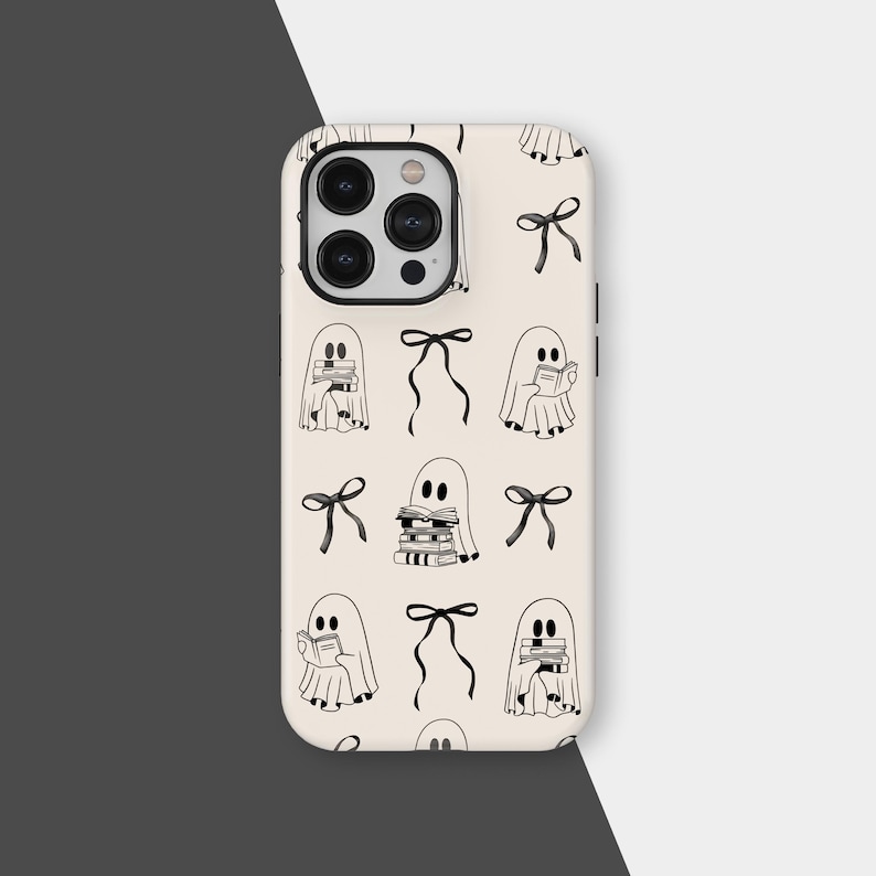 Coquette Reading Ghost Phone Case, Halloween Phone Cover for Book Lovers, Librarian Teacher Phone Case for iPhone 17 16 15 14 13 12 11 Pro Max, Samsung S25 S24 S23 Plus Ultra
