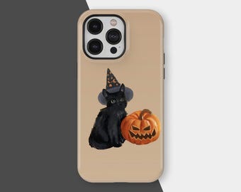 Retro Scary Halloween Phone Case, Black Cat Phone Cases, Witch Hat Pumpkin Design, iPhone 17 16 15 14 13 12 11 Pro Max, Samsung S25 S24 S23