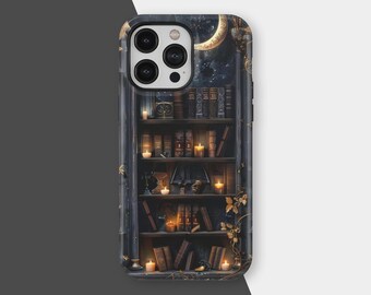 Bookshelf Phone Case MagSafe, Book Lover Cover, iPhone 17 16 15 14 13 12 11 Pro Max, Samsung S25 S24 Ultra, Witchy Dark Academia Aesthetic
