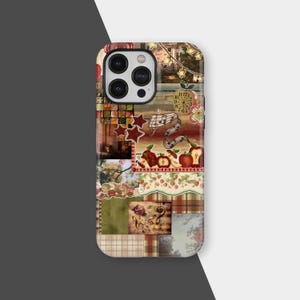 May include: A decorative phone case featuring a collage of fall-themed images. The design includes apples, musical notes, stars, and a clock. The color palette is warm, with shades of red, green, and brown, creating a cozy, autumnal aesthetic.