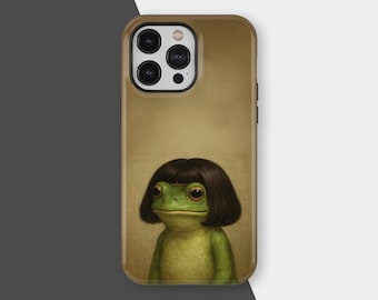 Cute Frog with Bob Haircut Phone Case, Quirky Cartoon Frog Cover for iPhone 17 16 15 14 13 12 11 Pro Max, Samsung Galaxy S25 S24 S23 Ultra