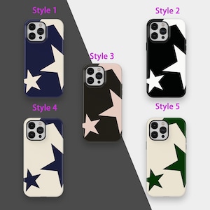 May include: Five phone cases with star designs. Styles include navy blue, black, and cream backgrounds with white, pink, and green stars. Each case has a different star pattern and color scheme. The cases are labeled Style 1 through Style 5.