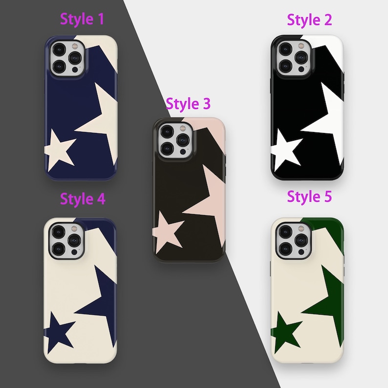 May include: Five phone cases with star designs. Styles include navy blue, black, and cream backgrounds with white, pink, and green stars. Each case has a different star pattern and color scheme. The cases are labeled Style 1 through Style 5.