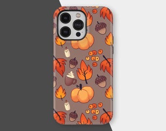 Fall Leaves Pumpkin Acorns Case, Aesthetic Autumn Halloween Case for iPhone 16 15 14 13 12 11 Pro Max, Samsung S25 S24 S23 S22 Ultra