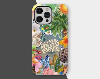May include: A colorful phone case featuring a collage of tropical imagery. The design includes a sun, palm trees, flowers, a sea turtle, and the text "Be Kind to the Sea." The case has a glossy finish and a protective bumper.