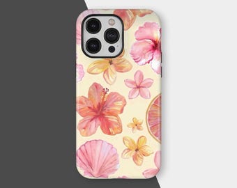 Hibiscus Seashell Phone Case, Cute Summer Florals Pattern Compatible with Magsafe, iPhone 17 16 15 14 13 12 11 Pro Max, Samsung S25 S24 Plus