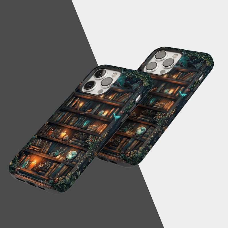 May include: Two phone cases with a detailed bookshelf design. The cases feature a dark background with shelves filled with books, candles, and decorative items. The design includes warm lighting and a fantasy theme.