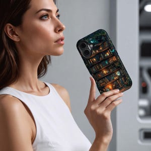 May include: A smartphone case featuring a detailed illustration of a bookshelf filled with books, candles, and other decorative items. The case has a dark background with green foliage and a moon. The case is held by a person.