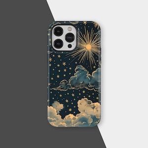 May include: A phone case featuring a celestial design with a dark blue background, golden stars, and fluffy clouds. A radiant sun with golden rays is at the top. The case has a glossy finish and a camera cutout.