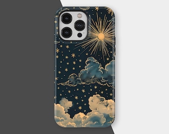 Capa de celular com estampa de lua azul, nuvens escuras com estrelas, aquarela celestial para iPhone 17, 16, 15, 14, 13, 12 Pro Max, Samsung S25 e S24