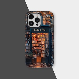 May include: A phone case featuring a detailed illustration of a bookstore entrance. The teal doorway is framed by a dark case, with the words "Books & Tea" above the entrance. The interior is filled with bookshelves and warm lighting.
