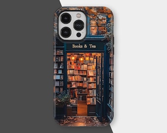 Bookshelf Phone Case MagSafe | Book Lover Cover | iPhone 17 16 15 14 13 12 11 Pro Max, Samsung S25 S24 Ultra | Cozy Books & Tea Lover Gift