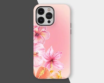Pink Hibiscus Phone Case, Tropical Floral Girly Phone Cases, Flower Print Cover, iPhone 16 15 14 13 12 11 Pro Max, Samsung S25 S24 S23 Ultra