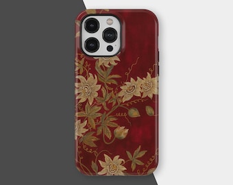 White Passionflowers on Deep Red MagSafe Tough iPhone Case, Vintage Red Floral Phone Case, iPhone 17 16 15 14 13 12 11 Pro Max, Samsung S25