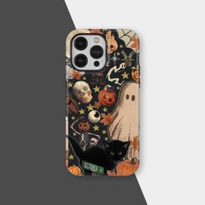 Vintage Halloween Phone Case, Ghosts, Pumpkins, Skeleton Collage, iPhone 16 15 14 13 12 11 Pro Max, Samsung S25 S24 S23 S22 Plus Ultra