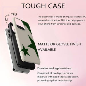 May include: A phone case with a white cover featuring dark green star designs. The case is shown in layers, with a black inner case and a phone visible. Text on the case reads "TOUGH CASE" and "MATTE OR GLOSEE FINISH AVAILABLE."