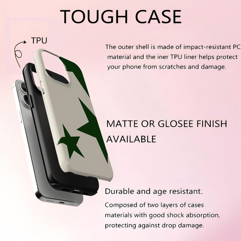 May include: A phone case with a white cover featuring dark green star designs. The case is shown in layers, with a black inner case and a phone visible. Text on the case reads "TOUGH CASE" and "MATTE OR GLOSEE FINISH AVAILABLE."
