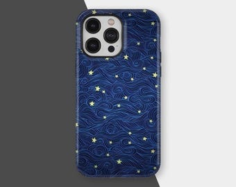 Starry Phone Case, Blue Swirl Celestial Design, Y2K Stars Pattern, Night Sky Aesthetic, iPhone 17 16 15 14 13 12 11 Pro Max, Samsung S25 S24