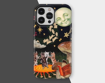 Retro Whimsical Moon Cat Dance Phone Case, Vintage Fairycore Forest Mushroom Cover for iPhone 17 16 15 14 13 12 11 Pro Max, Samsung S25 S24