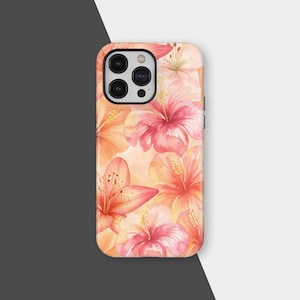 Pink Hibiscus Phone Case, Tropical Floral Print Cover for iPhone 17 16 15 14 13 12 Pro Max, Samsung S25 S24 S23 Ultra, Floral Tech Gift
