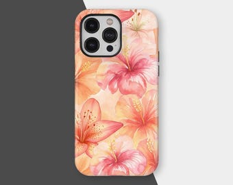 Pink Hibiscus Phone Case, Tropical Floral Print Cover for iPhone 17 16 15 14 13 12 Pro Max, Samsung S25 S24 S23 Ultra, Floral Tech Gift