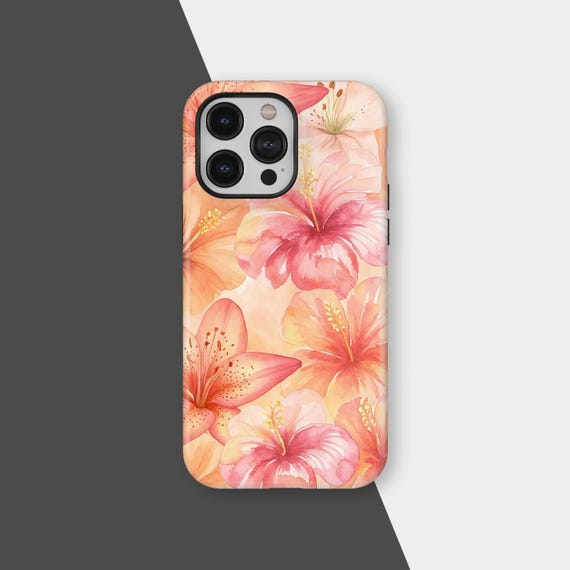 Pink Hibiscus Phone Case, Tropical Floral Print Cover for iPhone 17 16 15 14 13 12 Pro Max, Samsung S25 S24 S23 Ultra, Floral Tech Gift