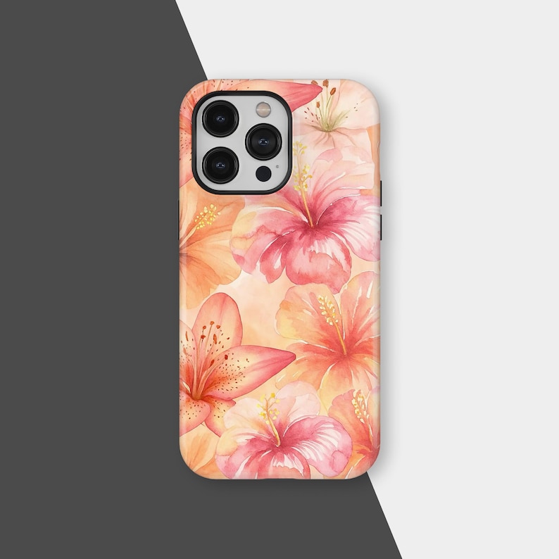 Pink Hibiscus Phone Case, Tropical Floral Print Cover for iPhone 17 16 15 14 13 12 Pro Max, Samsung S25 S24 S23 Ultra, Floral Tech Gift