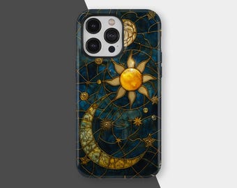 Funda para teléfono con estampado celestial de luna y estrellas, con efecto vitral y cielo estrellado, para iPhone 17, 16, 15, 14, 13 y 12 Pro Max, Samsung S25 y S24