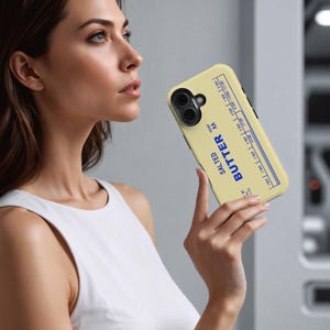 May include: A phone case with a butter-themed design. The case is light yellow with blue text that reads "SALTED BUTTER AA GRADE". The design includes measurement markings along the top edge. The phone case is held by a person.