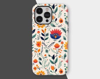 Vitt blommigt flickigt telefonskal, söt blomdesign, vintage chica accessoarer, iPhone 16 15 14 13 12 11 Pro Max, Samsung S25, blommig teknikgåva