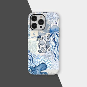 Beach Ocean Summer Blue Collage Cute Aethetic Seashells Vintage Phone Case for iPhone 16 15 14 13 12 11 Pro Max, Samsung S25 S24 Plus Ultra