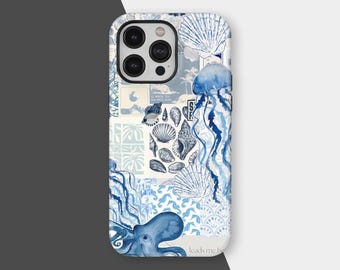 Beach Ocean Summer Blue Collage Cute Aethetic Seashells Vintage Phone Case for iPhone 16 15 14 13 12 11 Pro Max, Samsung S25 S24 Plus Ultra