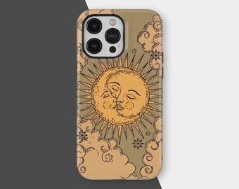 Hippie Phone Case Sun and Moon Print Cover Phone Case for iPhone 17 16 15 14 13 12 11 Pro Max, Samsung S25 S24 S23, Boho Cosmic Sun Moon Art