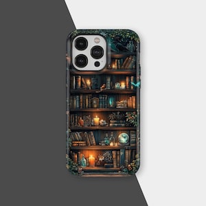 May include: A phone case featuring a detailed illustration of a bookshelf filled with books, candles, and decorative items. The design includes a dark, moody aesthetic with warm lighting and a touch of fantasy.