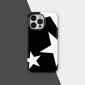 May include: Black and white phone case featuring a bold star pattern. The case has a black border and a glossy finish. The design includes multiple white stars of varying sizes against a black background.
