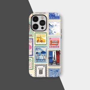 May include: A phone case featuring a collage of vintage postage stamps. The stamps depict various locations, including London, Milan, and Greece, with colorful illustrations and text. The case has a cream-colored background.