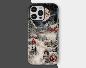 Winter Village Christmas Phone Case, Snowy Cabin Landscape Phone Cover for iPhone 17 16 15 14 13 12 11 Pro Max, Samsung S25 S24 S23 Ultra