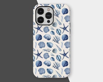 Coastal Beach Summer Blue Ocean Seashell Aesthetic Protective Phone Case for iPhone 16 15 14 13 12 11 Pro Max, Samsung S25 S24 S23 S22 Ultra