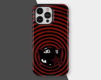Funny Black Cat Case, Gothic Cat Phone Case, Dark Academia Witchy Aesthetic Cover, Retro Spiral Phone Case, iPhone 17 16 15 14 13, Samsung