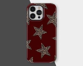 Burgundy Star Phone Case, Leopard Edge Pattern Cover for iPhone 17 16 15 14 13 12 11 Pro Max, Samsung S25 S24, Aesthetic Trendy Gift For Her