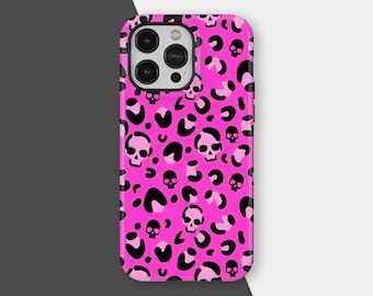 Hot Pink Skull Leopard Print Phone Case, Cheetah Y2K Phone Cases, Wild Safari Aesthetic Cover for iPhone 17 16 15 14 13 12, Samsung S25 S24