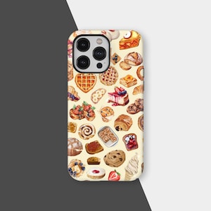 May include: A phone case featuring a watercolor pattern of various baked goods, including croissants, cookies, and pastries. The design includes a variety of colors and textures, creating a visually appealing and appetizing aesthetic. The case is designed to fit a smartphone.