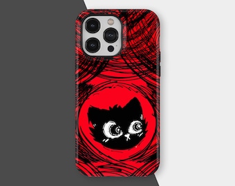 Gothic Cat Phone Case, Red Black Scribble Art Design, Creepy Cute Punk Aesthetic Cover for iPhone 17 16 15 14 13 12 Pro Max, Samsung S25 S24